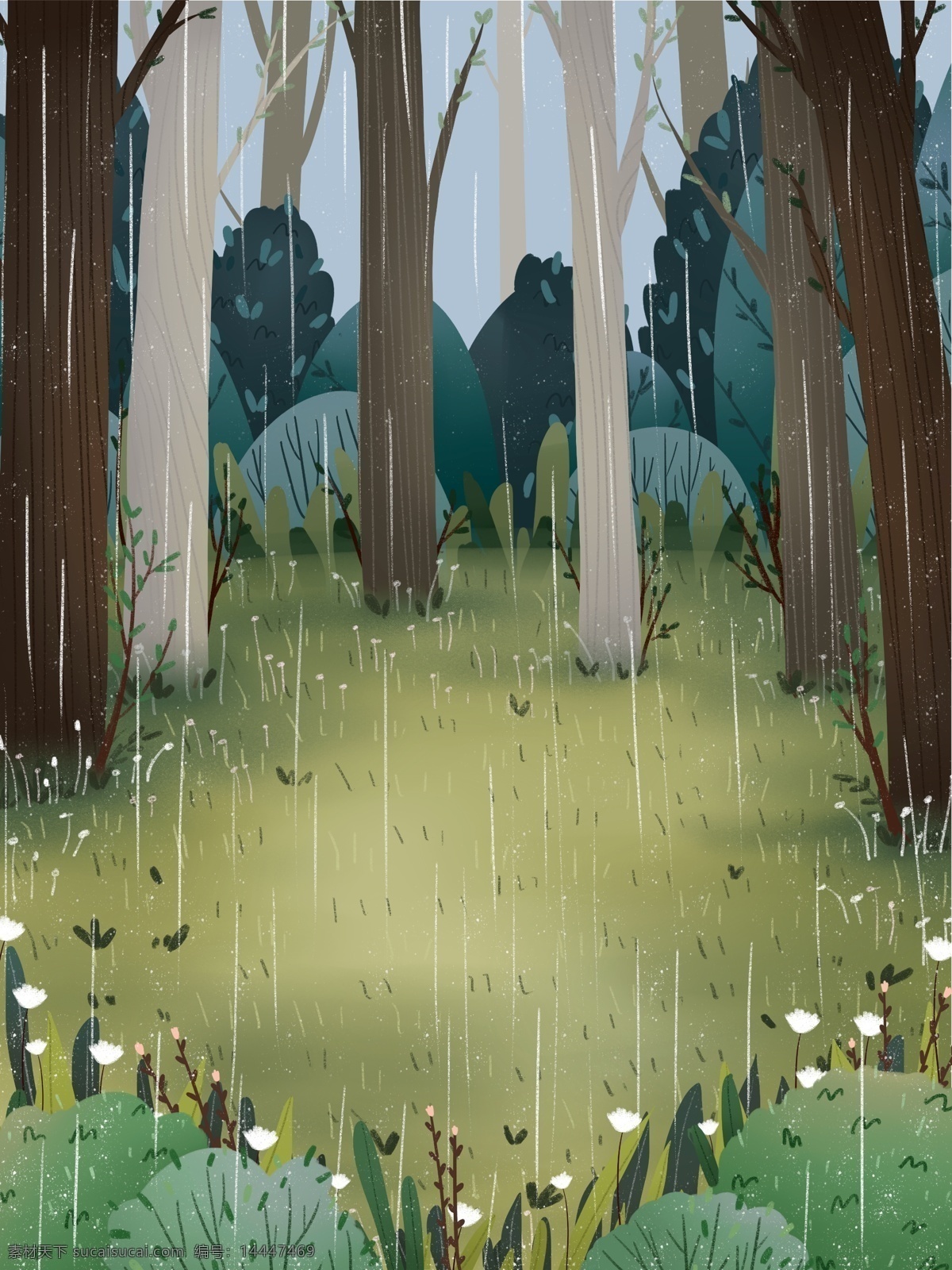 手绘 树林 春天 背景 雨水 绿色植物 草地 背景素材 树林背景 广告背景