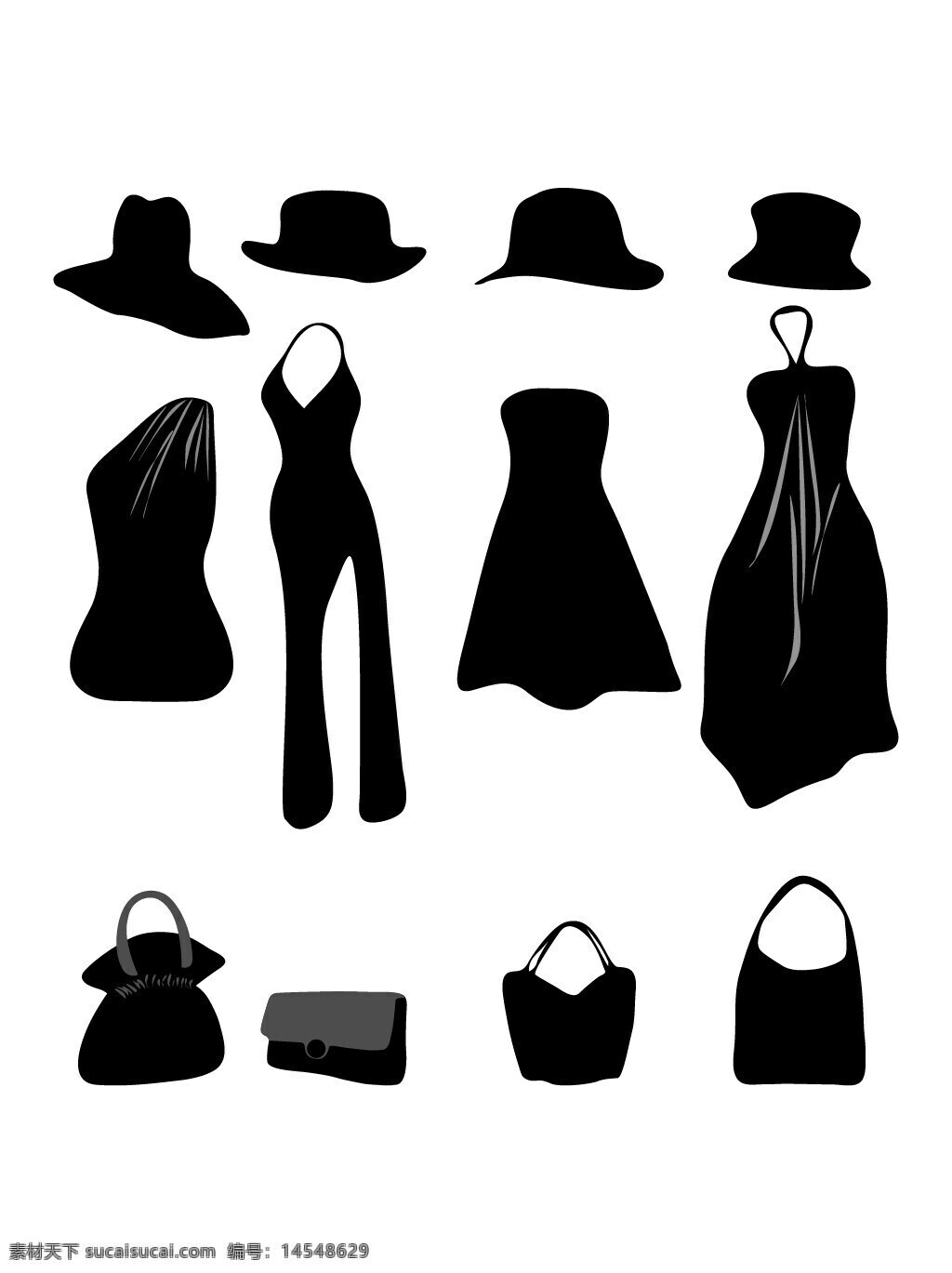 衣服剪影 矢量衣服 裙子 连衣裙 女装 帽子 包包 手包 挎包 皮包 女性 服饰 矢量素材