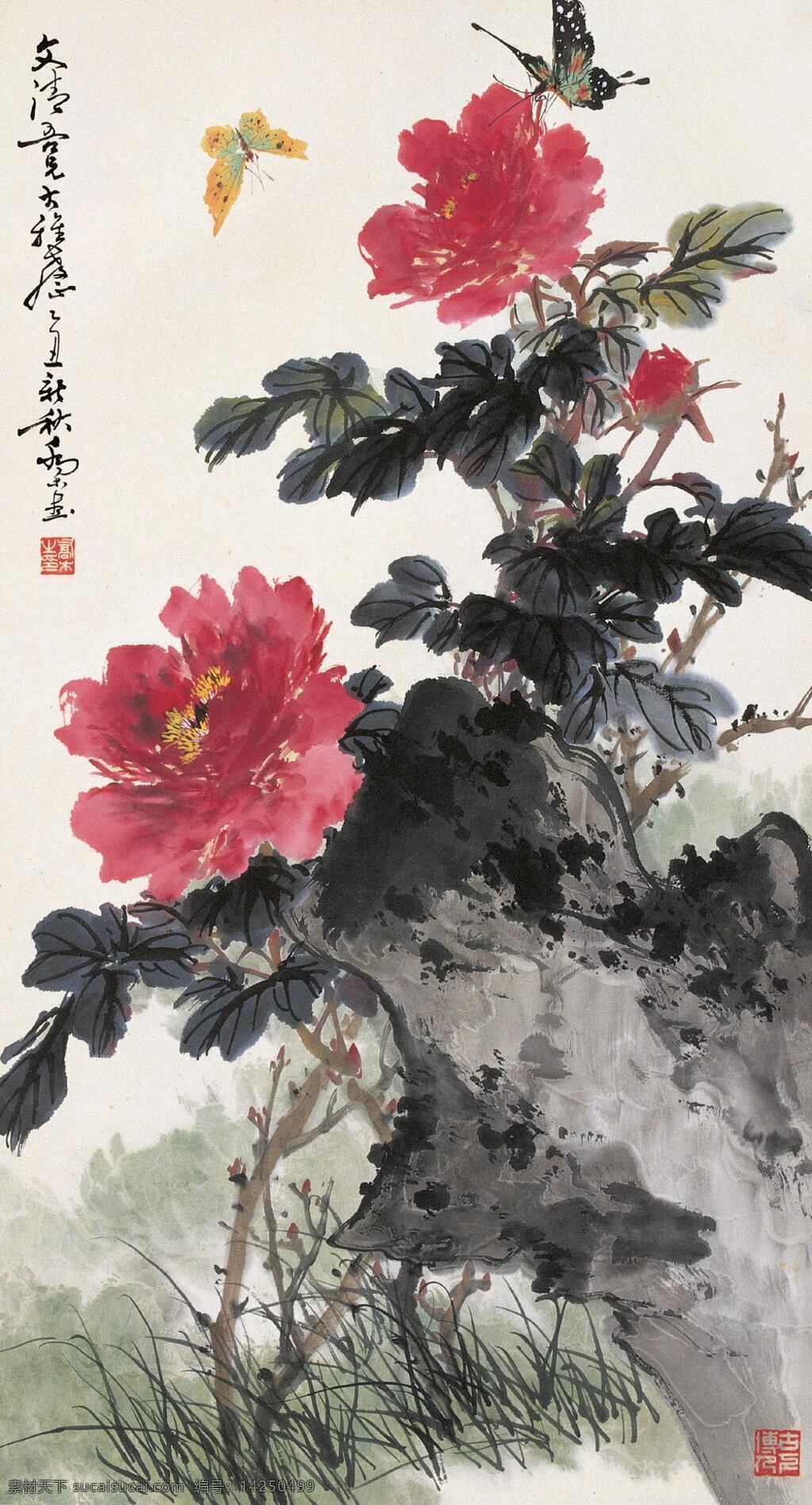 双 蝴蝶 上 花 梢 刺绣 牡丹花 山石 写意花卉 中国画 立轴 乔木作品 工艺美术 平面广告 装饰设计 文化艺术