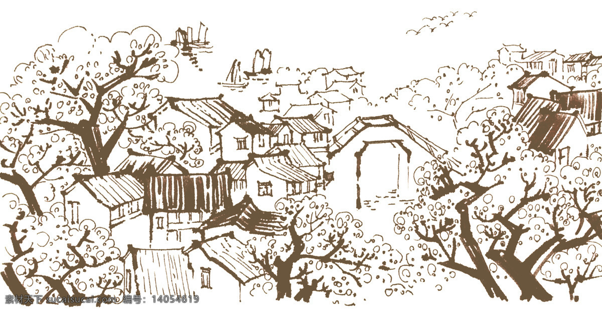 古建筑手绘 古建筑 南方建筑 树 房子 手绘 速写 文化艺术 绘画书法