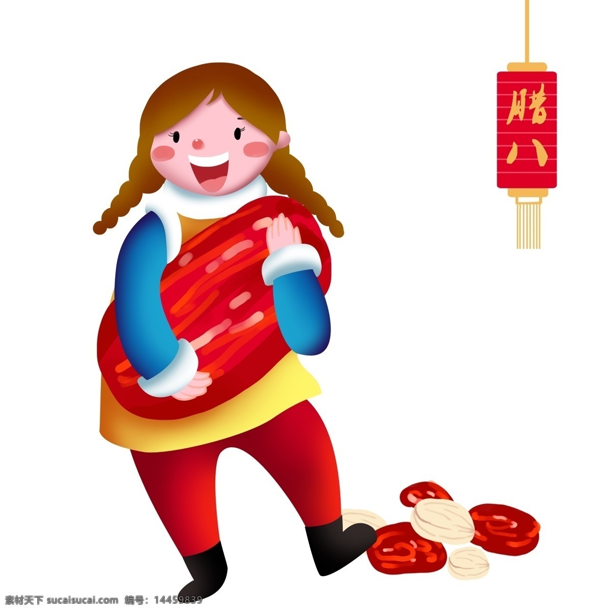 腊八节 人物 红枣 红色的灯笼 漂亮的小女孩 卡通人物插画 插画 红色的红枣 黄色 灯笼 吊 穗