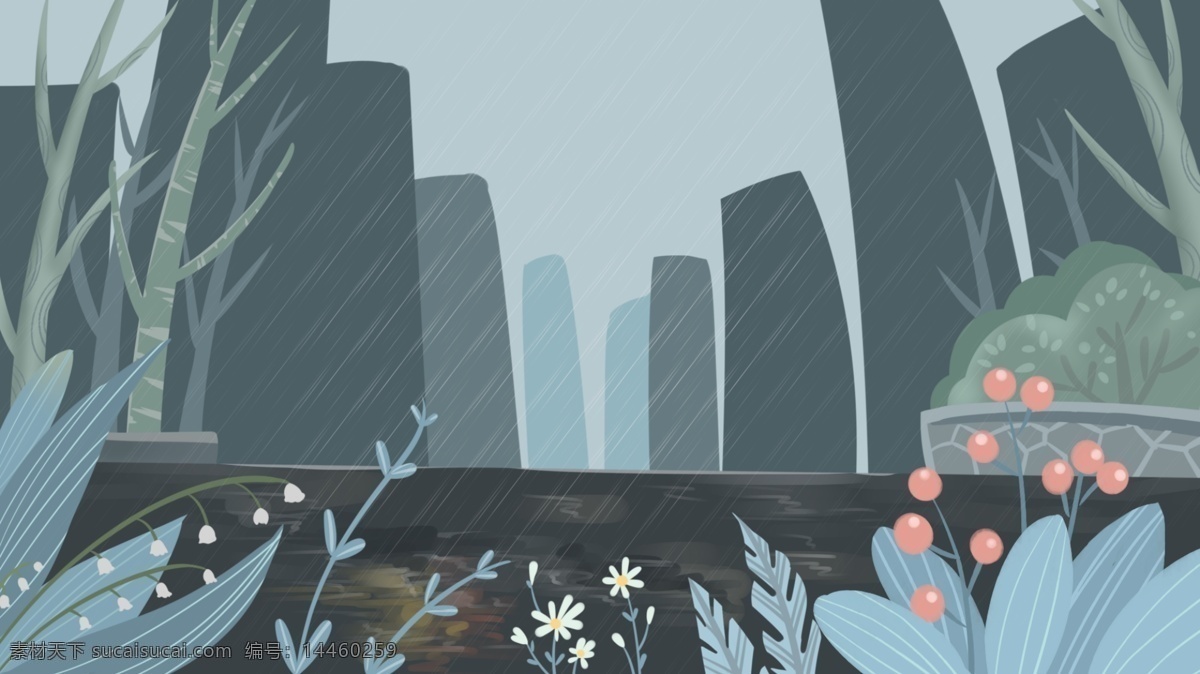 雨季 城市 风景 插画 背景 城市郊外风景 草地背景 蓝天白云 河边 山水风景 下雨
