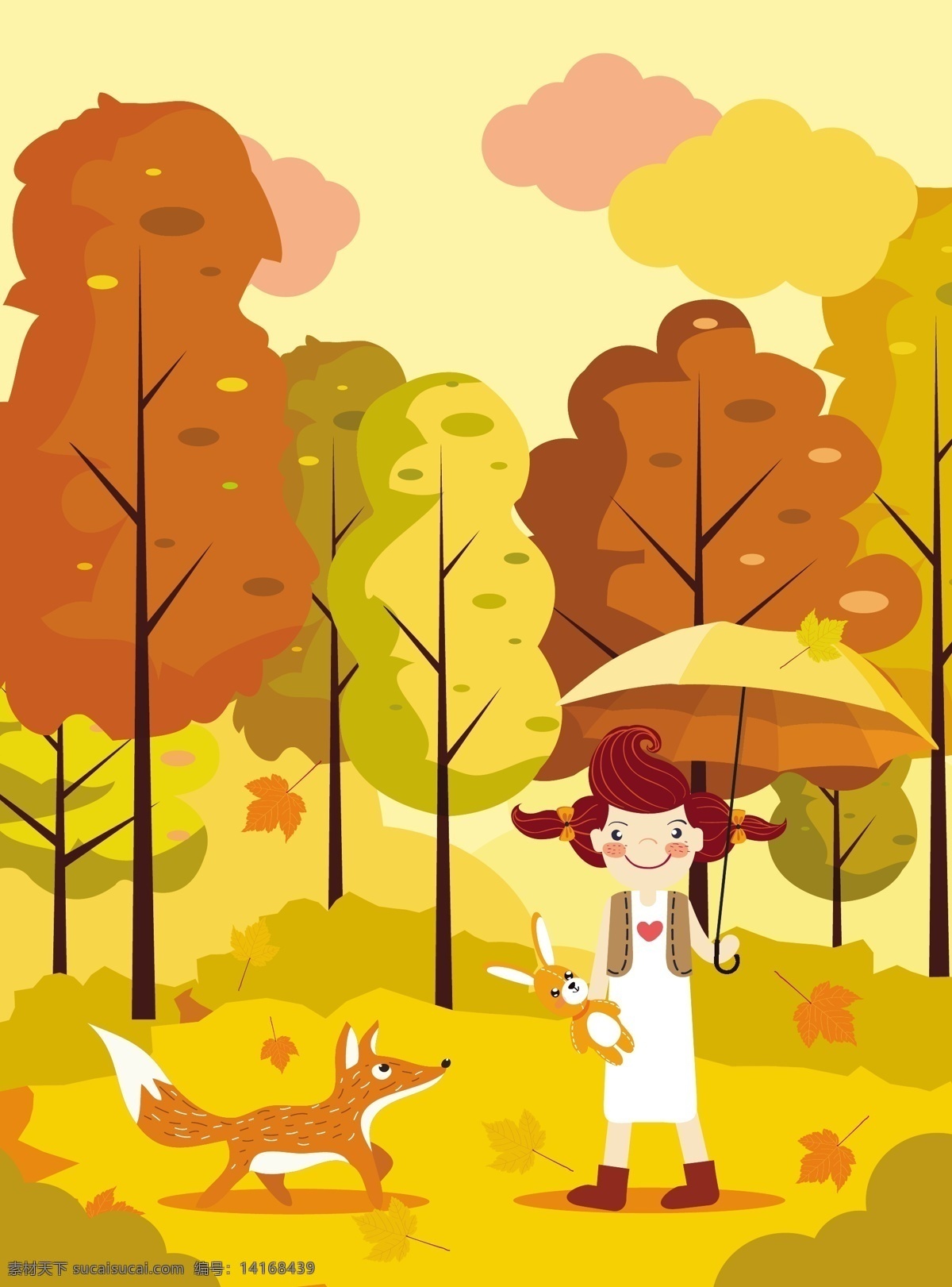 黄色 树林 卡通 插画 矢量 树木 秋天 矢量素材 狐狸 女孩 兔子 伞 黄色树林 落叶