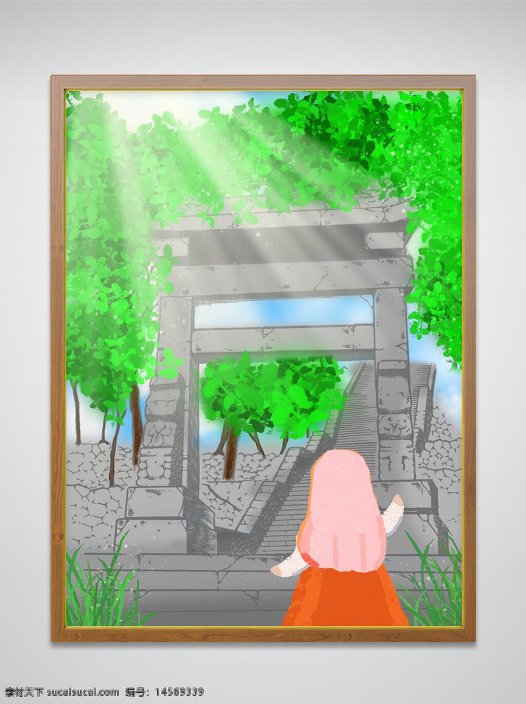 夏 风景 建筑 插画 手绘 人物 小女孩 平面 绿意 绿叶 清爽 山路 台阶 树木