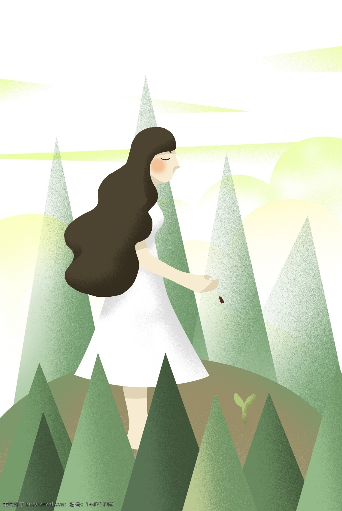 植树 地球 绿色环保 背景 插画 手绘 人物 女生 绿色 保护地球 环保 浮云 树林 站立人物 树木 云朵