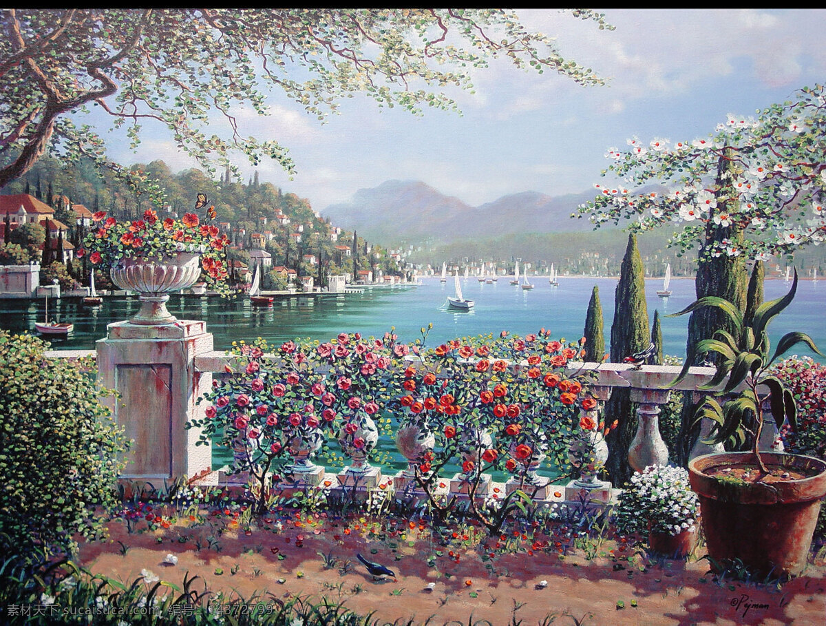 意大利风光 pejman 油画 terrace in bellagio 意大利 风光 湖水 花朵 绘画书法 文化艺术