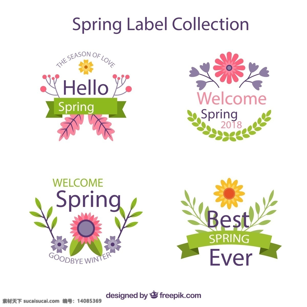 清新 春季 花卉 标签 丝带 矢量 高清图片
