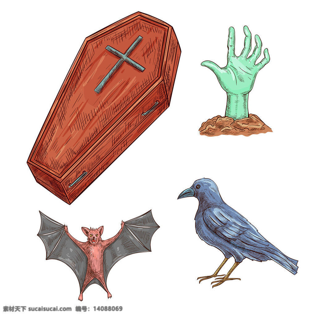 万圣节 小鸟 蝙蝠 怪手 十字架 棺材 矢量 万圣节素材