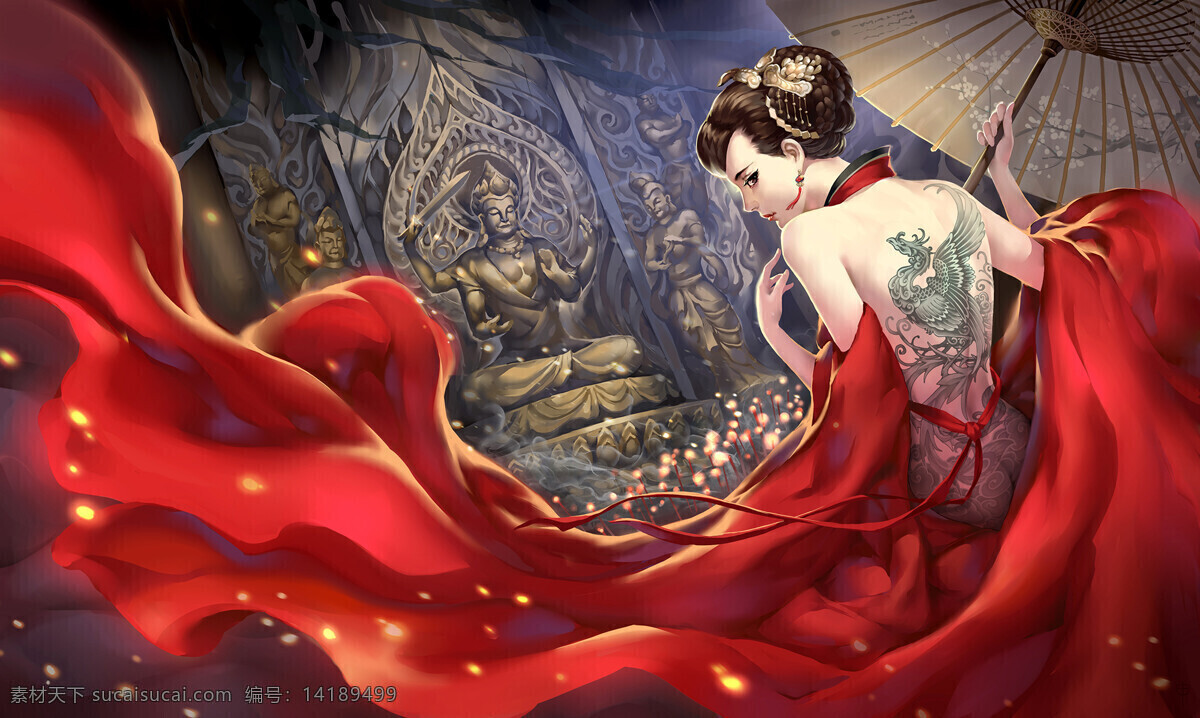 中式 古风 美女 背景 背影 红布 古迹 动漫动画 动漫人物