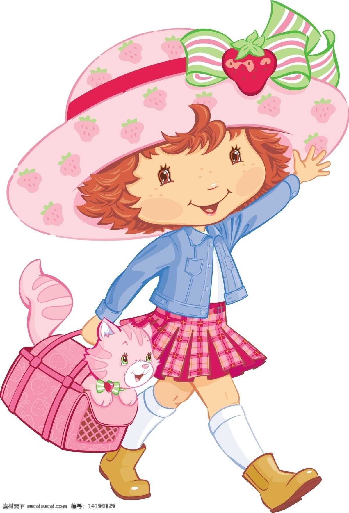 甜美 矢量 卡通 女孩 草莓 活泼 卡通女孩 开心 可爱 美丽 漂亮 书包 思考 戴帽子的女孩 坐在 上 背着 小猫 看书的女孩 招手 矢量图 矢量人物