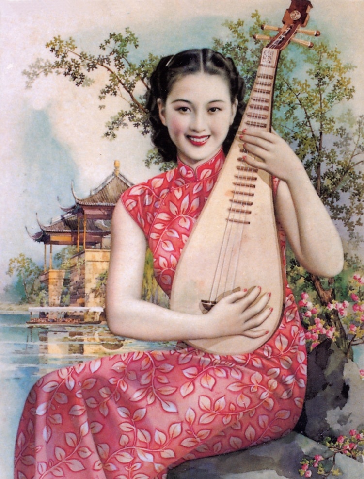民国 老 上海 广告 年画 月份 牌 旧上海月份牌 青春 美女 旗袍 琵琶 传统文化 文化艺术